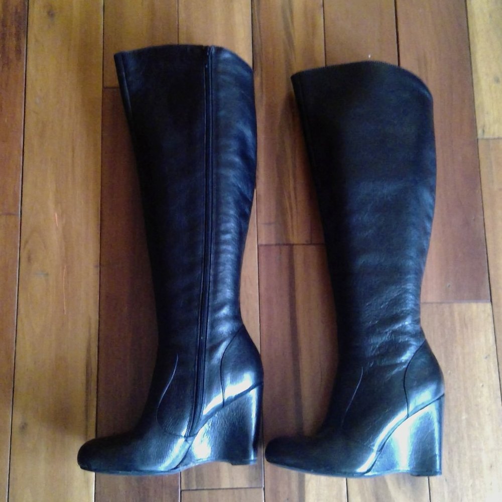 Black Crown by Born Almond Toe Wedge Heel Knee High Boots Size 7